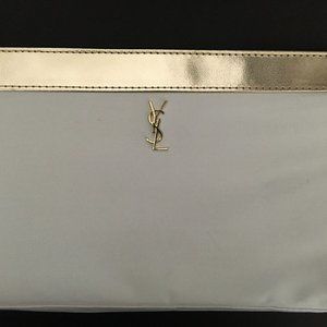 YSL white trousse/ pouch- gold trim around top H6"